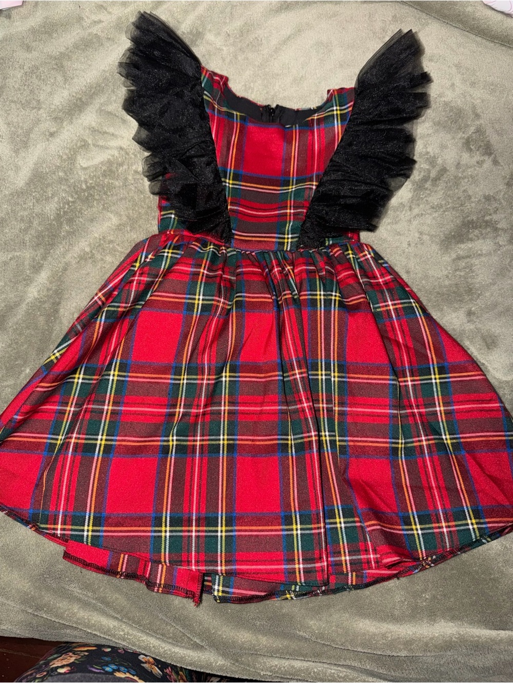 Girls Red Plaid Party Dress with Black Tulle Ruffles